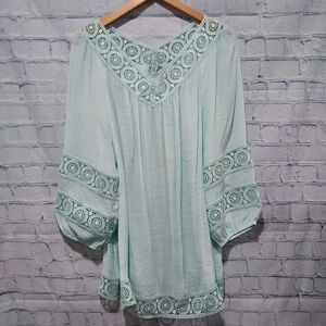 Cottagecore Lace Coastal Top Large Indigo Aqua Mint Flowy Beach Country Bohemian